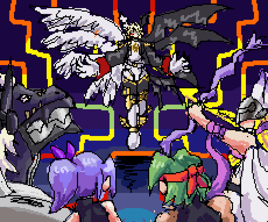 angewomon, armor, belt, blackmegalogrowmon, blonde_hair, cyborg, digimon, digimon_(creature)