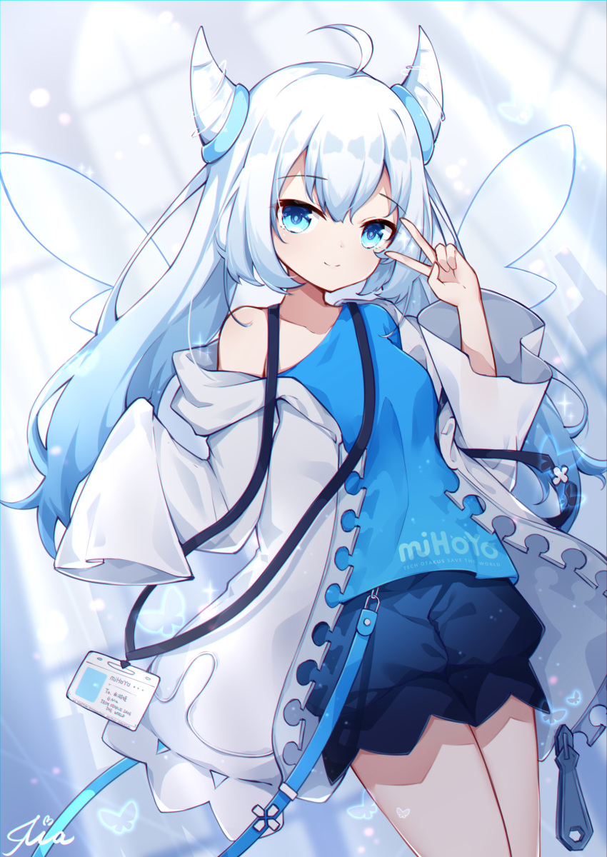 1girl, absurdres, benghuai_xueyuan, blue_skirt, highres, honkai_(series), honkai_impact_3rd, jacket, loli, miyouji, moe_(vrchat), origami_(poinia), signature, skirt, white_hair
