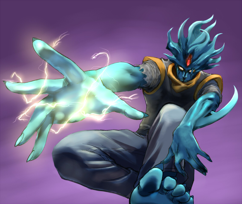 1boy, abosirom, arm_blade, baoh, baoh_raihousha, barefoot, blue_skin, colored_skin