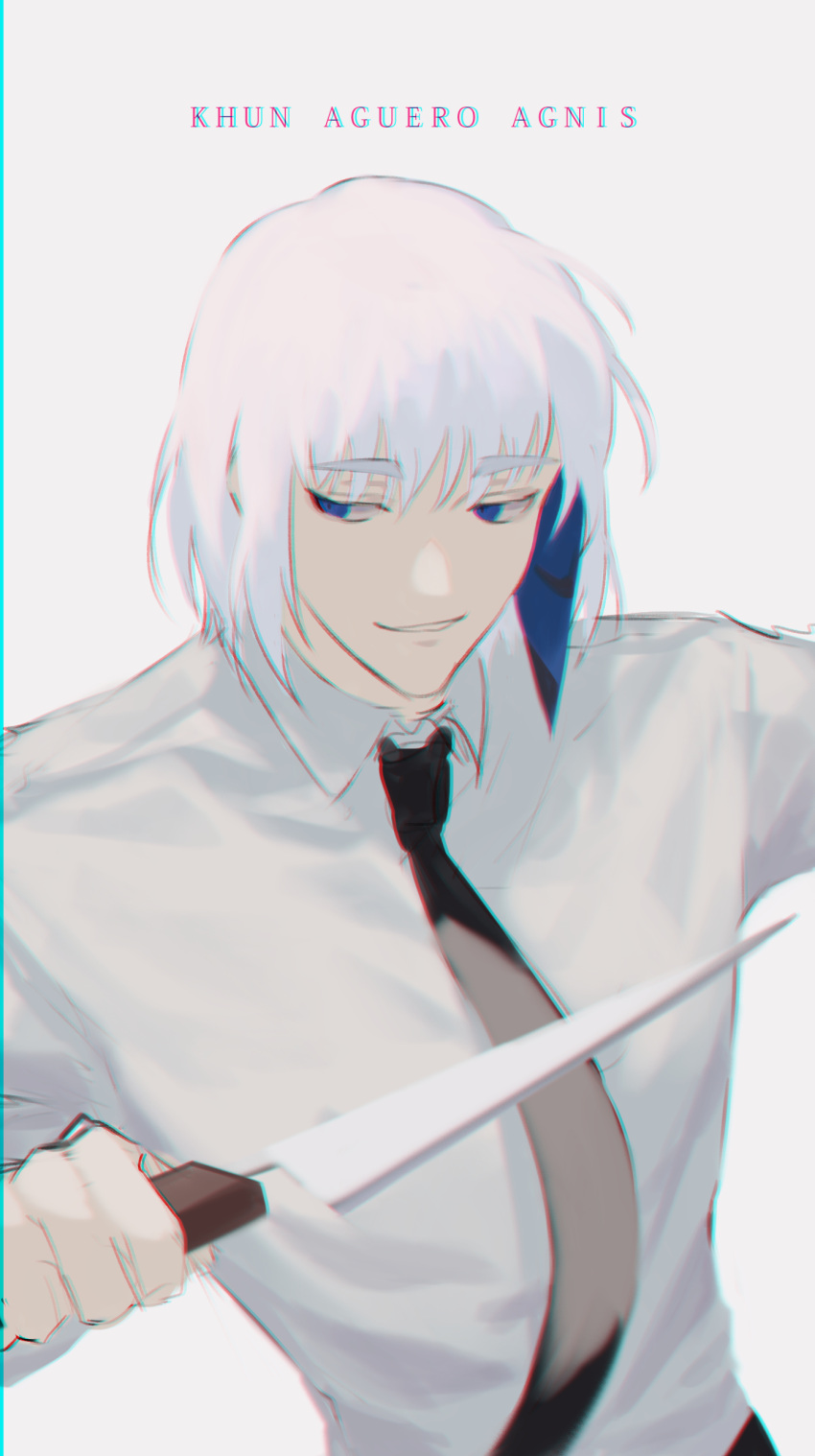 absurdres, black_necktie, black_pants, blue_hair, character_name, english_text, gyao77, highres