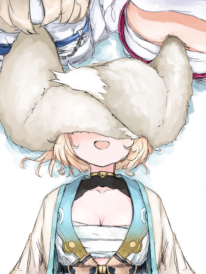 3girls, absurdres, blonde_hair, blush, chest_sarashi, dog_tail, fuwawa_abyssgard, fuwawa_abyssgard_(1st_costume), haori, happy, highres, hololive, hololive_english, japanese_clothes, kazama_iroha, kazama_iroha_(1st_costume), lying, mococo_abyssgard, mococo_abyssgard_(1st_costume), multiple_girls, on_back, sarashi, sitting, suzu_coconatu, tail, tail_on_face, virtual_youtuber