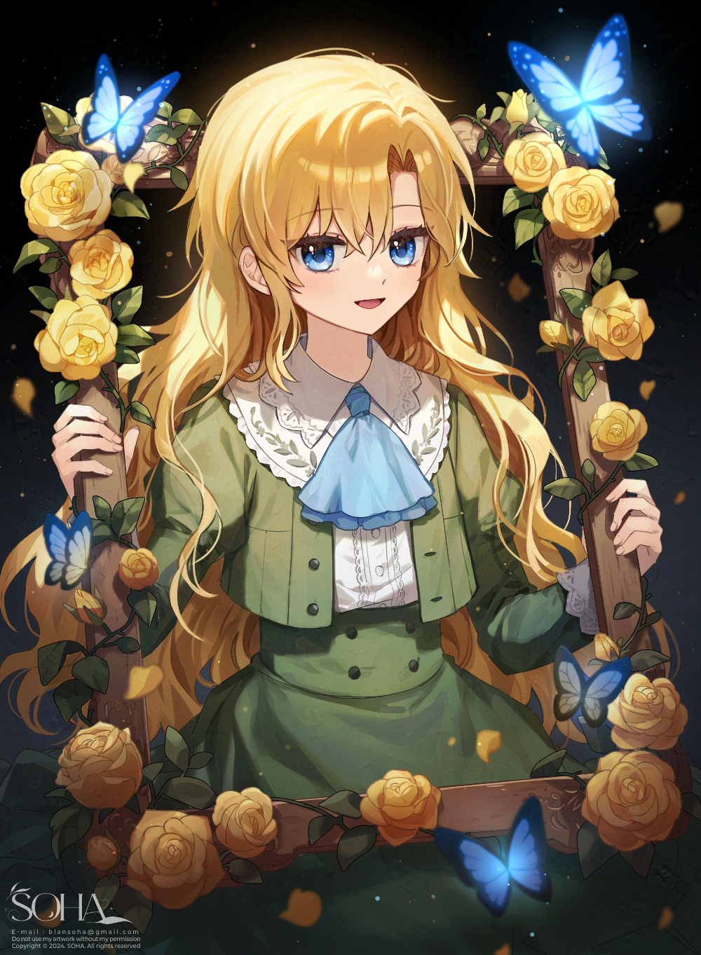 1girl, blonde_hair, blue_butterfly, blue_eyes, bug, butterfly, commentary_request, dress