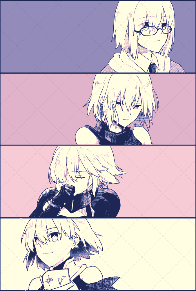 1girl, armor, bare_shoulders, cropped_shoulders, expressionless, fate/grand_order, fate_(series), frown, glasses, greyscale_with_colored_background, hair_between_eyes, hand_to_own_mouth, kiyokappa, looking_to_the_side, mash_kyrielight, mash_kyrielight_(demi-servant), mash_kyrielight_(ortenaus), mash_kyrielight_(paladin), multiple_views, necktie, short_hair, sidelocks, smile