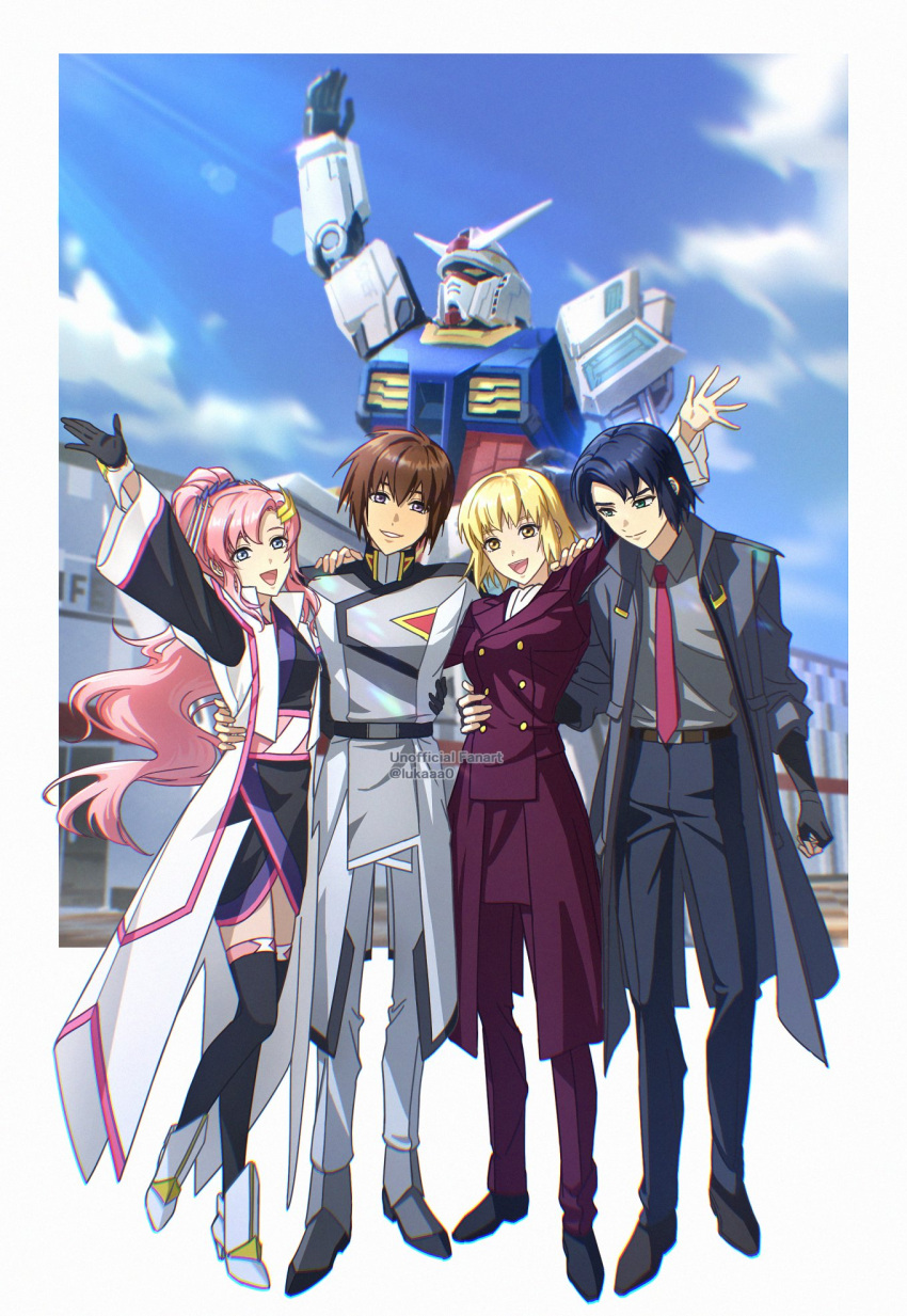 2boys, 2girls, arm_around_waist, artist_name, athrun_zala, black_gloves, black_kimono, black_pants