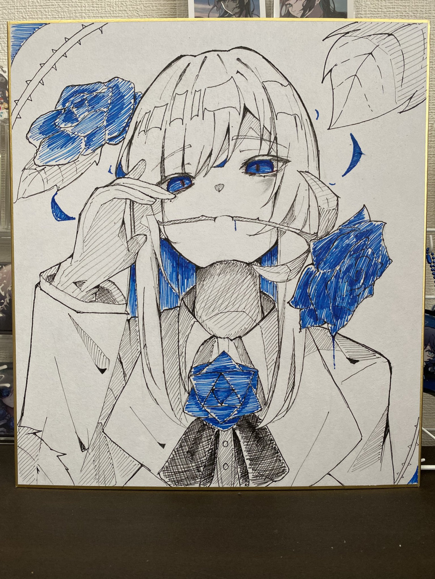 1girl, ado_(utaite), blue_eyes, blue_flower, blue_hair, blue_rose, chando_(ado), colored_inner_hair