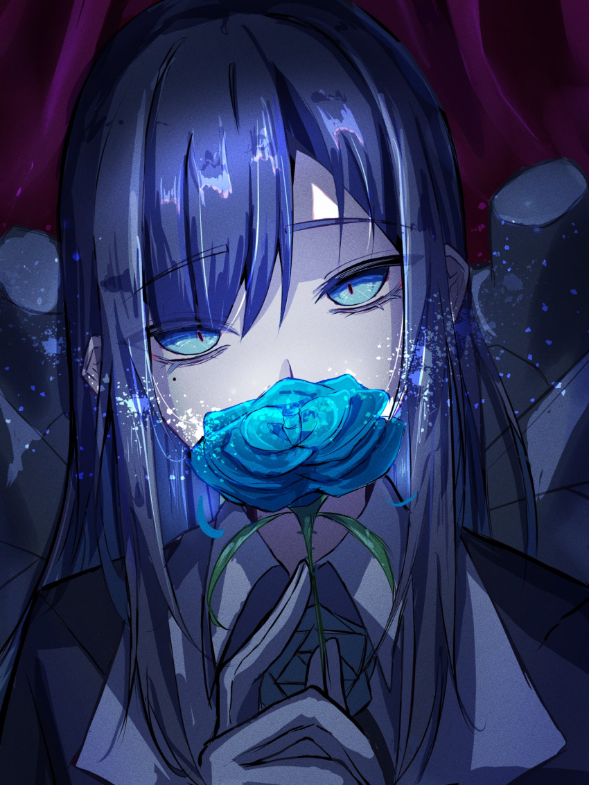1girl, ado_(utaite), blue_eyes, blue_flower, blue_hair, blue_rose, chando_(ado), commentary_request, flower, gloves, highres, holding, holding_flower, light_particles, long_hair, looking_at_viewer, megu_(9abgoluanvcjd7o), mole, mole_under_eye, rose, sidelocks, solo, upper_body, utaite, white_gloves