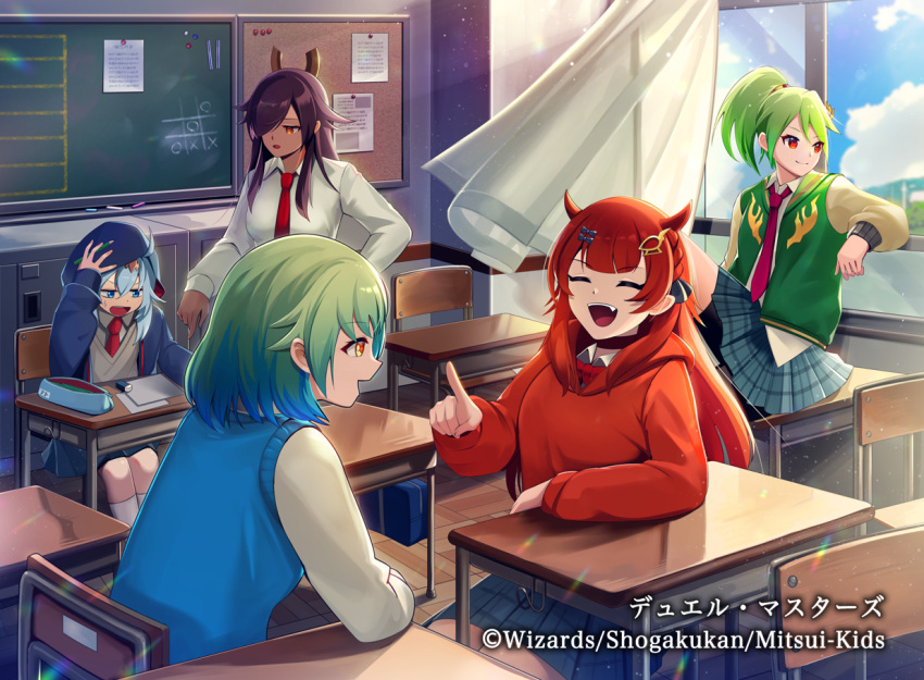 5girls, ahoge, aqua_hair, bike_shorts, black_choker, black_hair, black_ribbon, blue_hood
