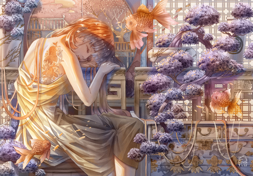1girl, absurdres, animal, back_tattoo, bare_shoulders, branch, closed_eyes, dress, fish, fish_tattoo, highres, lenta, long_hair, original, sitting, solo, strapless, strapless_dress, tattoo