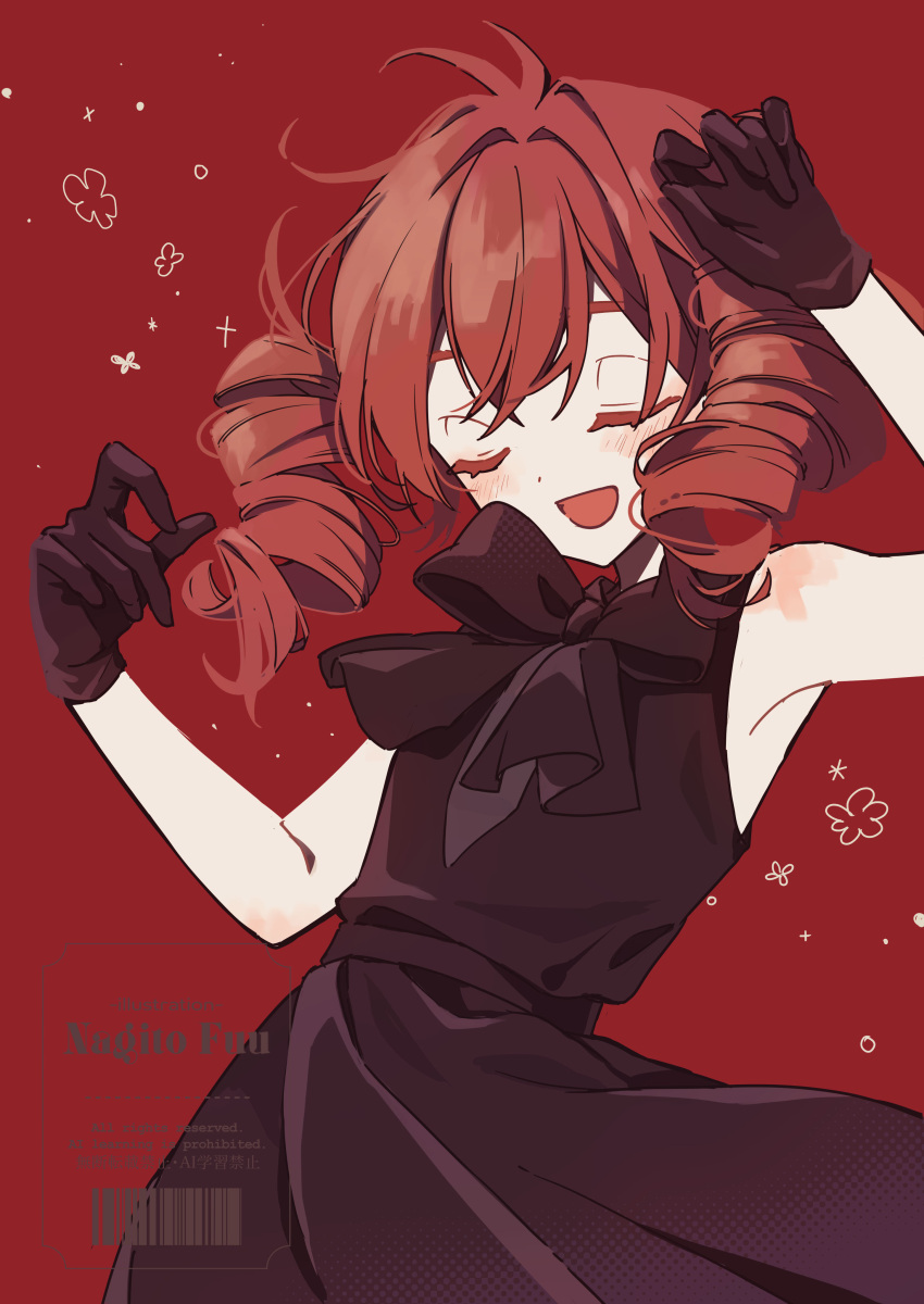 1girl, absurdres, alternate_costume, artist_name, black_dress, black_gloves, closed_eyes, dress