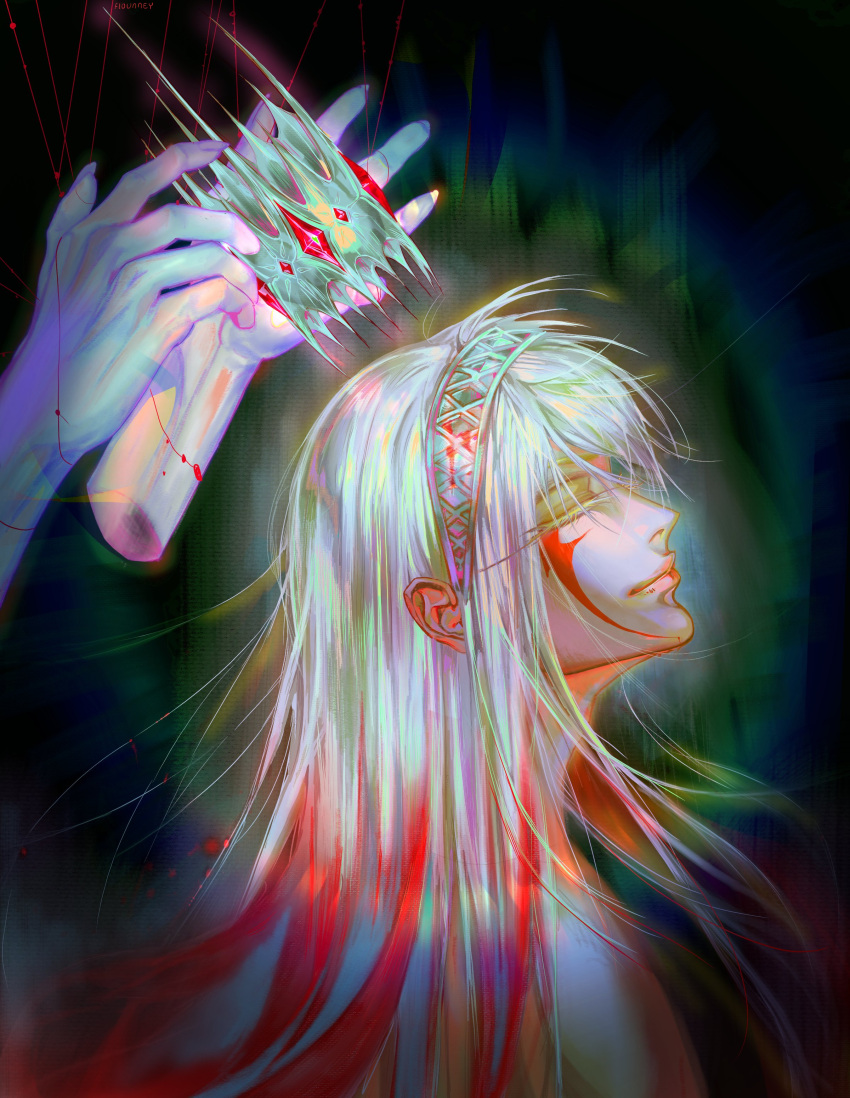 1boy, absurdres, blood, closed_eyes, colored_extremities, colored_eyelashes, crown, disembodied_hand