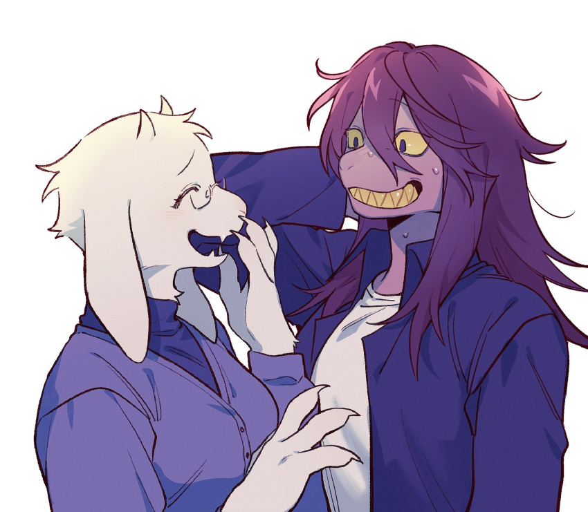 2girls, ^_^, animal_ears, arm_behind_head, blue_jacket, closed_eyes, colored_sclera, colored_teeth, deltarune, fangs, fewer_digits, furry, furry_female, glasses, goat_ears, goat_girl, goat_horns, grin, hair_between_eyes, highres, horns, jacket, medium_hair, multiple_girls, open_mouth, purple_hair, sharp_teeth, shout_ing, simple_background, smile, susie_(deltarune), sweat, teeth, toriel, upper_body, white_background, yellow_sclera, yellow_teeth