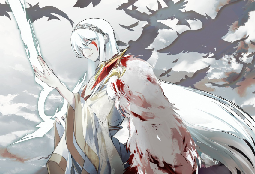 1boy, bird, blood, cape, clouds, energy_blade, energy_sword, facepaint