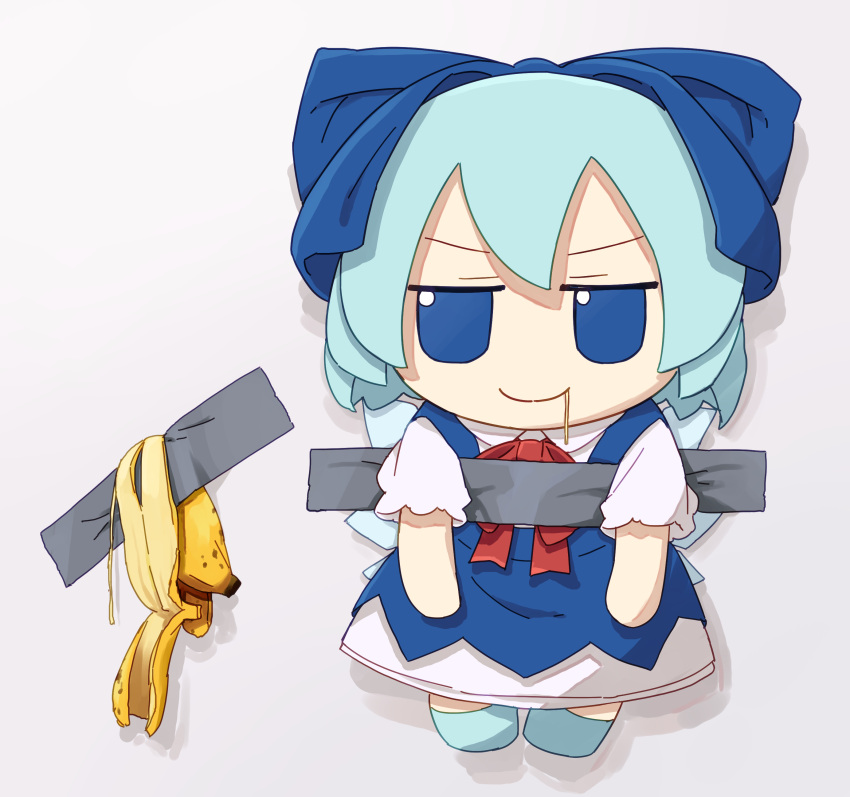 1girl, absurdres, banana, blue_bow, blue_dress, blue_eyes, blue_hair, blue_shoes, bow, bowtie, chibi, chibi_only, cirno, closed_mouth, collared_shirt, comedian_(artwork), commentary_request, dress, duct_tape, food, fruit, full_body, fumo_(doll), hair_bow, highres, ice, ice_wings, kame_(kamepan44231), pinafore_dress, red_bow, red_bowtie, shirt, shoes, short_hair, short_sleeves, sleeveless, sleeveless_dress, smile, solo, tape, touhou, white_background, white_shirt, wings