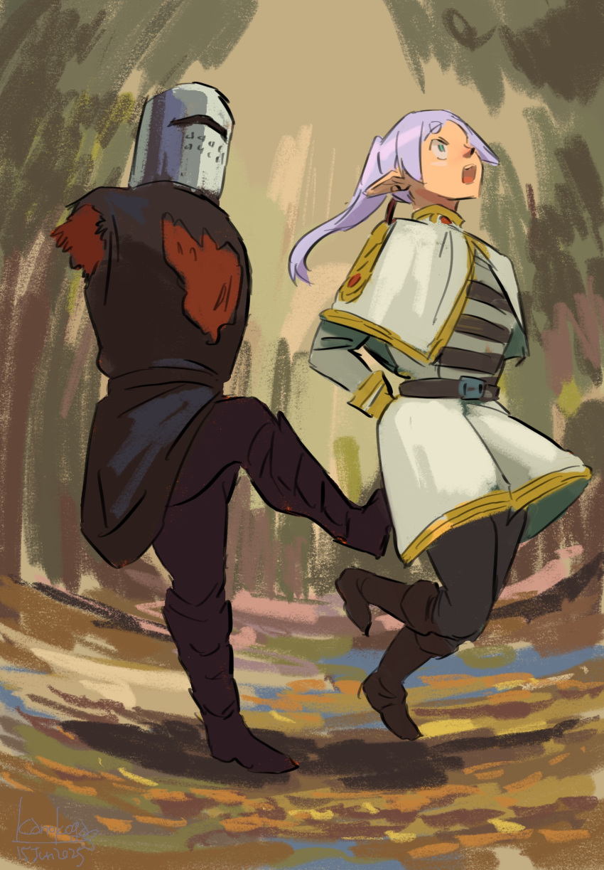 1boy, 1girl, amputee, armless_amputee, armor, arms_behind_back, artist_name, black_knight_(monty_python)