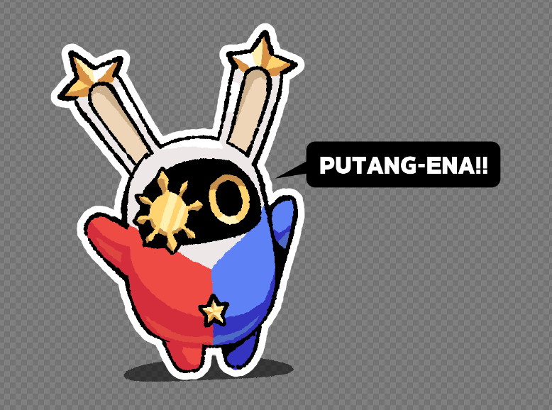 1other, animal_ears, bangboo_(zenless_zone_zero), captain_taro, checkered_background, english_commentary, fake_transparency, filipino_text
