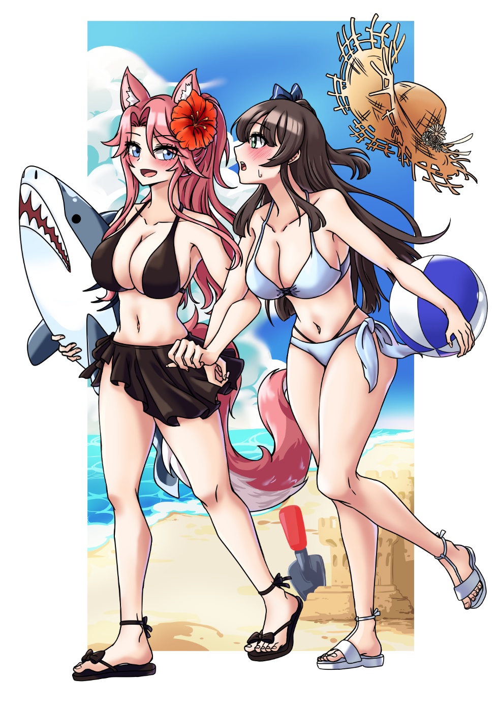 alternate_costume, animal_ears, ball, beach, beachball, blue_eyes, brown_hair, ceri_(sakura_dungeon)