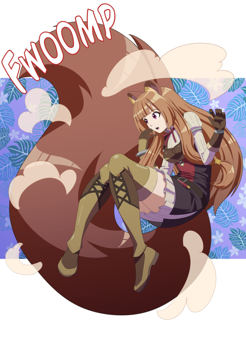 1girl, :o, animal_ears, armor, armored_gloves, belt, black_dress, blunt_bangs, boots, breastplate, breasts, brown_belt, brown_boots, brown_gloves, brown_hair, commentary, commission, dress, elbow_gloves, english_commentary, full_body, gloves, highres, knees_together_feet_apart, kojiro_brushard, layered_dress, leather_armor, long_hair, long_sleeves, medium_breasts, metal_arm_cuffs, metal_hair_tubes, metal_wrist_cuffs, neck_ribbon, open_mouth, pleated_dress, raccoon_ears, raccoon_girl, raccoon_tail, raphtalia, red_dress, red_eyes, red_ribbon, ribbon, short_dress, sleeveless, sleeveless_dress, solo, striped_clothes, striped_dress, tail, tail_expansion, tate_no_yuusha_no_nariagari, teeth, thigh_boots, two-tone_dress, upper_teeth_only, vertical-striped_clothes, vertical-striped_dress, white_dress, zettai_ryouiki