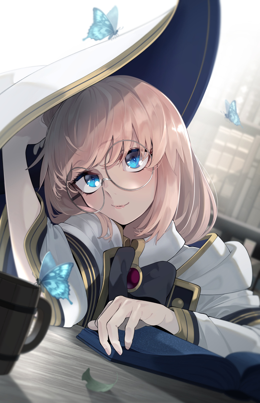 1girl, absurdres, aesc_(fate), aesc_(rain_witch)_(fate), blue_butterfly, blue_eyes, bookshelf, bug