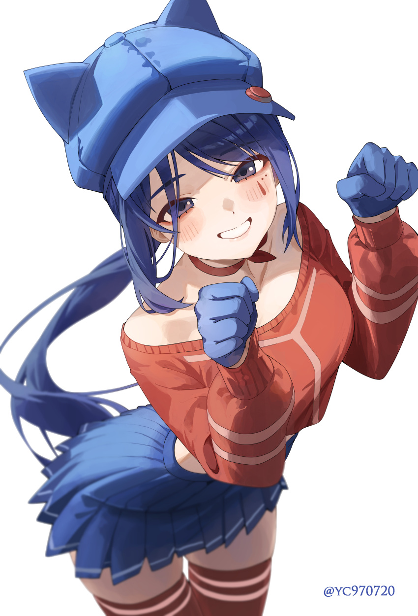 1girl, absurdres, animal_ear_headwear, artist_name, black_eyes, blue_gloves, blue_hair, blue_hat