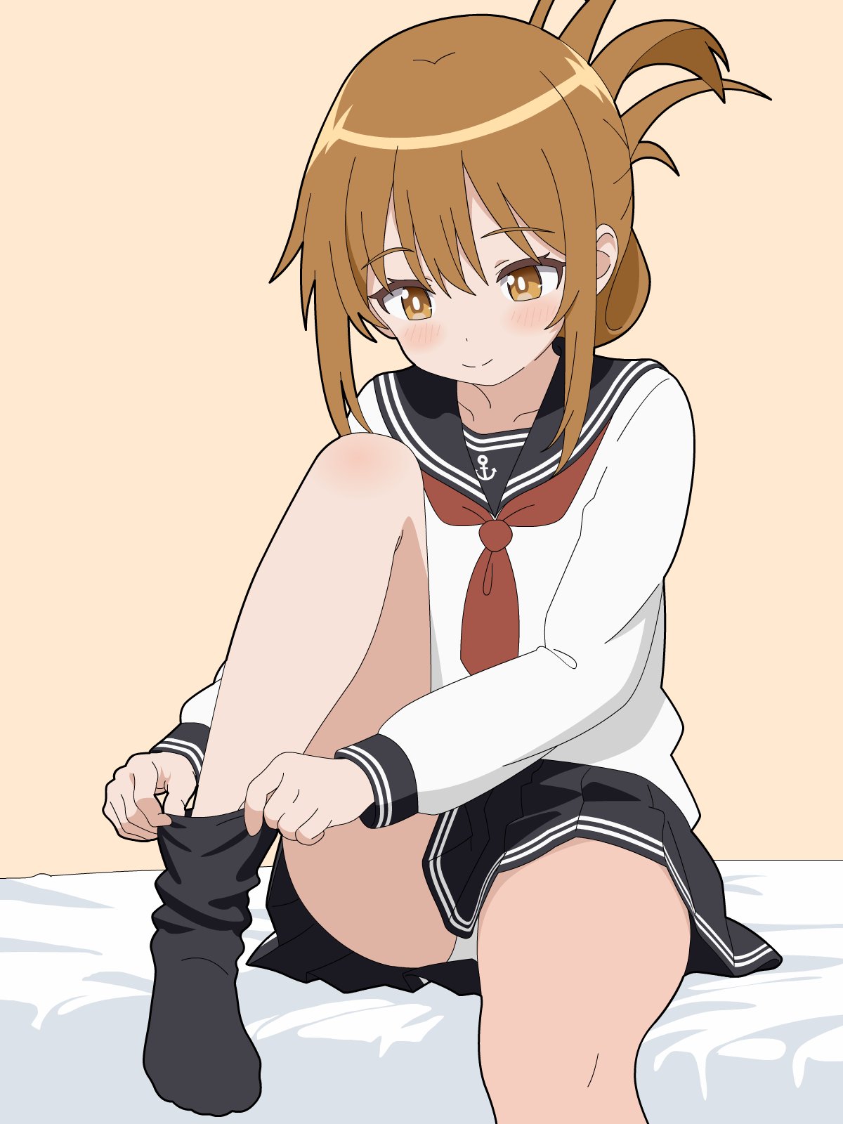 1girl, bed, black_sailor_collar, black_skirt, black_socks, brown_eyes, brown_hair, commentary_request