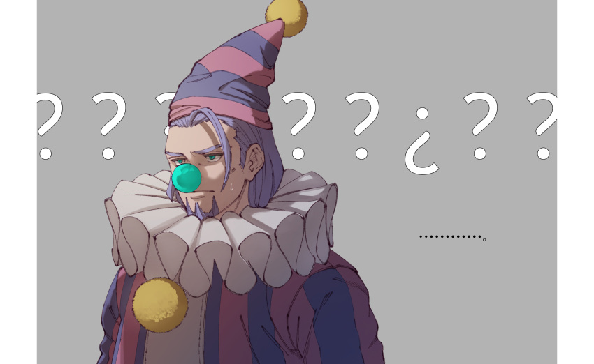 ..., 1boy, ?, ??, absurdres, aqua_eyes, border, clown