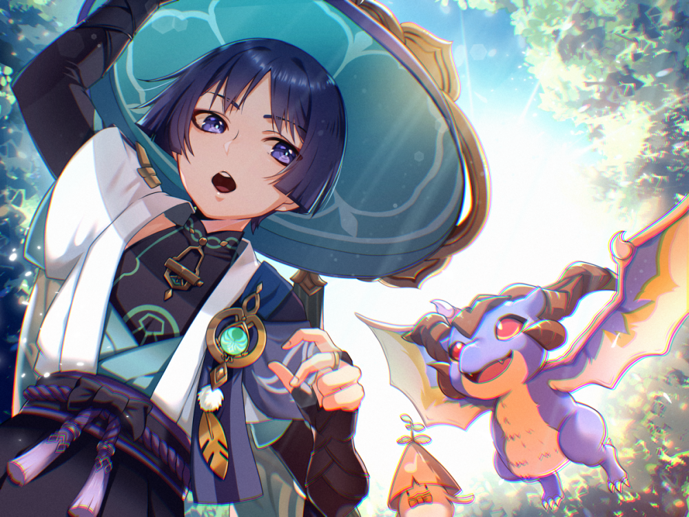 1boy, anemo_symbol_(genshin_impact), aqua_gemstone, aranara_(genshin_impact), arm_up, armor, belt, black_belt