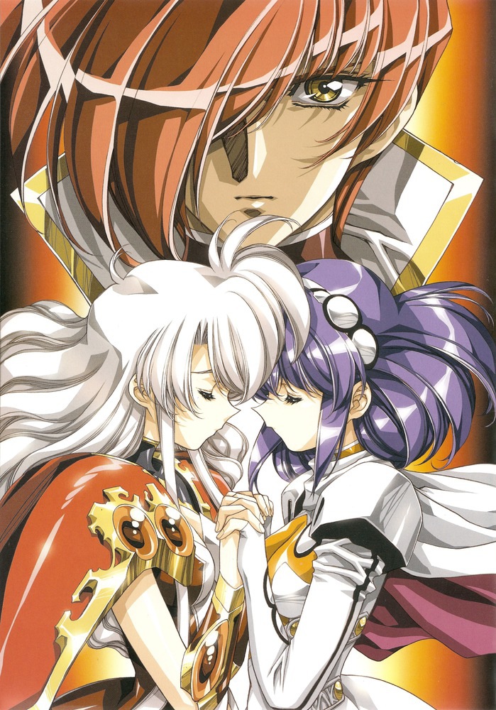 2girls, 90s, bodysuit, cape, claret_(langrisser), closed_eyes, eyes_closed, hair_over_eye