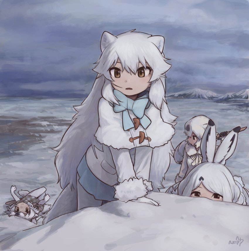 4girls, animal_ears, arctic_fox_(kemono_friends), arctic_hare_(kemono_friends), arctic_wolf_(kemono_friends), bear_ears, bear_girl, black_hair, blue_bow, blue_bowtie, blue_skirt, blush, bow, bowtie, brown_eyes, capelet, coat, elbow_gloves, extra_ears, fox_ears, fox_girl, fox_tail, fur_collar, fur_trim, gloves, grey_hair, grey_skirt, hair_between_eyes, highres, kemono_friends, long_hair, long_sleeves, lying, mountainous_horizon, multicolored_hair, multiple_girls, on_back, open_mouth, orange_eyes, pantyhose, paw_stick, plaid_clothes, plaid_skirt, plaid_trim, pleated_skirt, polar_bear_(kemono_friends), rabbit_ears, rabbit_girl, rabbit_tail, rumenia_(ao2is), short_hair, short_sleeves, sidelocks, skirt, snow, tail, two-tone_hair, white_bow, white_bowtie, white_capelet, white_coat, white_fur, white_gloves, white_hair, white_pantyhose, winter_clothes, winter_coat, wolf_ears, wolf_girl, wolf_tail