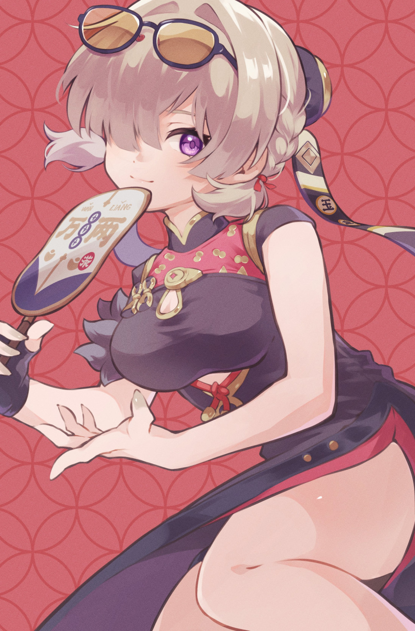 1girl, absurdres, black_dress, black_gloves, blonde_hair, breasts, china_dress, chinese_clothes