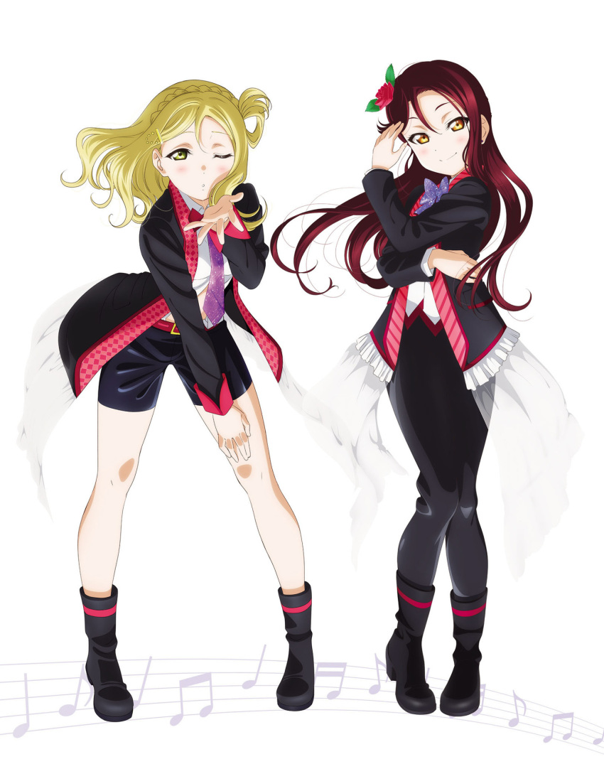 2girls, artbook, black_jacket, black_pants, black_shorts, blonde_hair, blush, boots, bow, bowtie, braid, crown_braid, floating_hair, flower, full_body, guilty_kiss_(love_live!), hair_between_eyes, hair_flower, hair_ornament, hair_rings, highres, jacket, kowareyasuki, leaning_forward, long_hair, long_sleeves, looking_at_viewer, love_live!, love_live!_sunshine!!, multiple_girls, musical_note, necktie, non-web_source, official_alternate_costume, official_art, ohara_mari, one_eye_closed, pants, purple_bow, purple_bowtie, purple_necktie, red_flower, red_hair, red_rose, rose, sakurauchi_riko, shirt, shorts, smile, standing, white_background, yellow_eyes