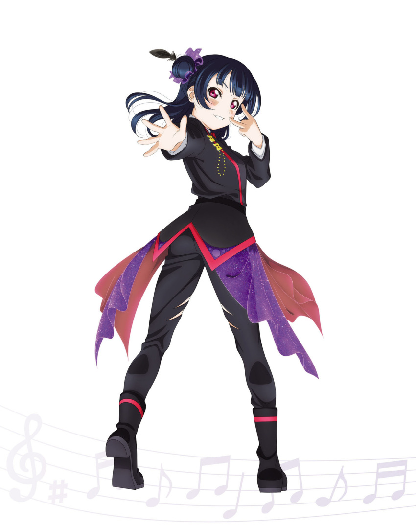1girl, artbook, black_jacket, black_pants, blue_hair, boots, feather_hair_ornament, feathers, floating_hair, full_body, guilty_kiss_(love_live!), hair_bun, hair_ornament, highres, jacket, kowareyasuki, long_hair, long_sleeves, looking_at_viewer, looking_back, love_live!, love_live!_sunshine!!, musical_note, non-web_source, official_alternate_costume, official_art, outstretched_arm, pants, parted_lips, simple_background, single_side_bun, smile, solo, standing, torn_clothes, torn_pants, tsushima_yoshiko, violet_eyes, white_background
