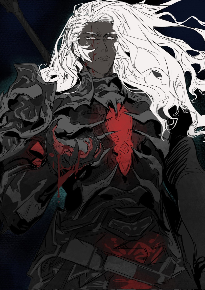 1boy, armor, black_armor, blood, blood_on_armor, blood_on_face, clawed_gauntlets, cowboy_shot