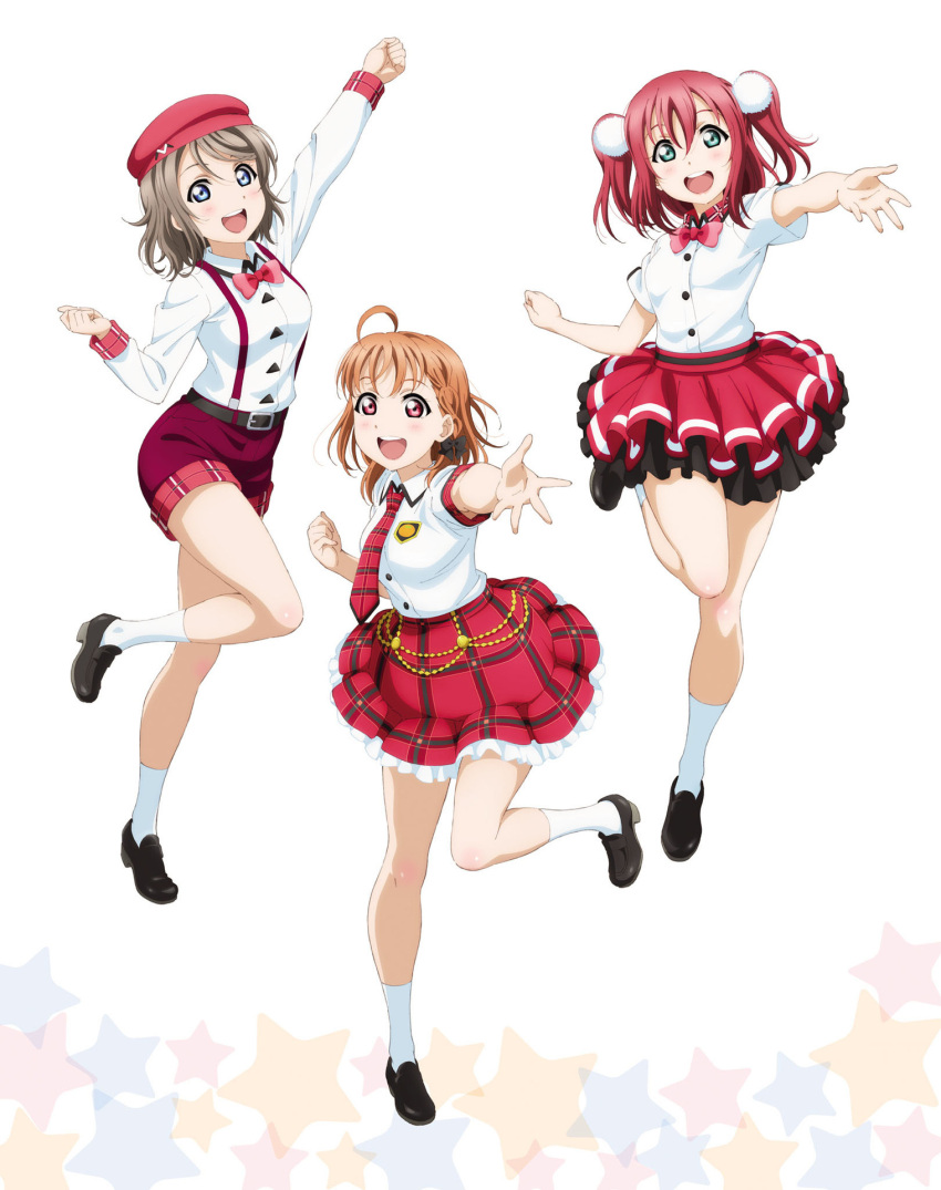 3girls, :d, ahoge, aqua_eyes, arm_up, artbook, beret, blue_eyes