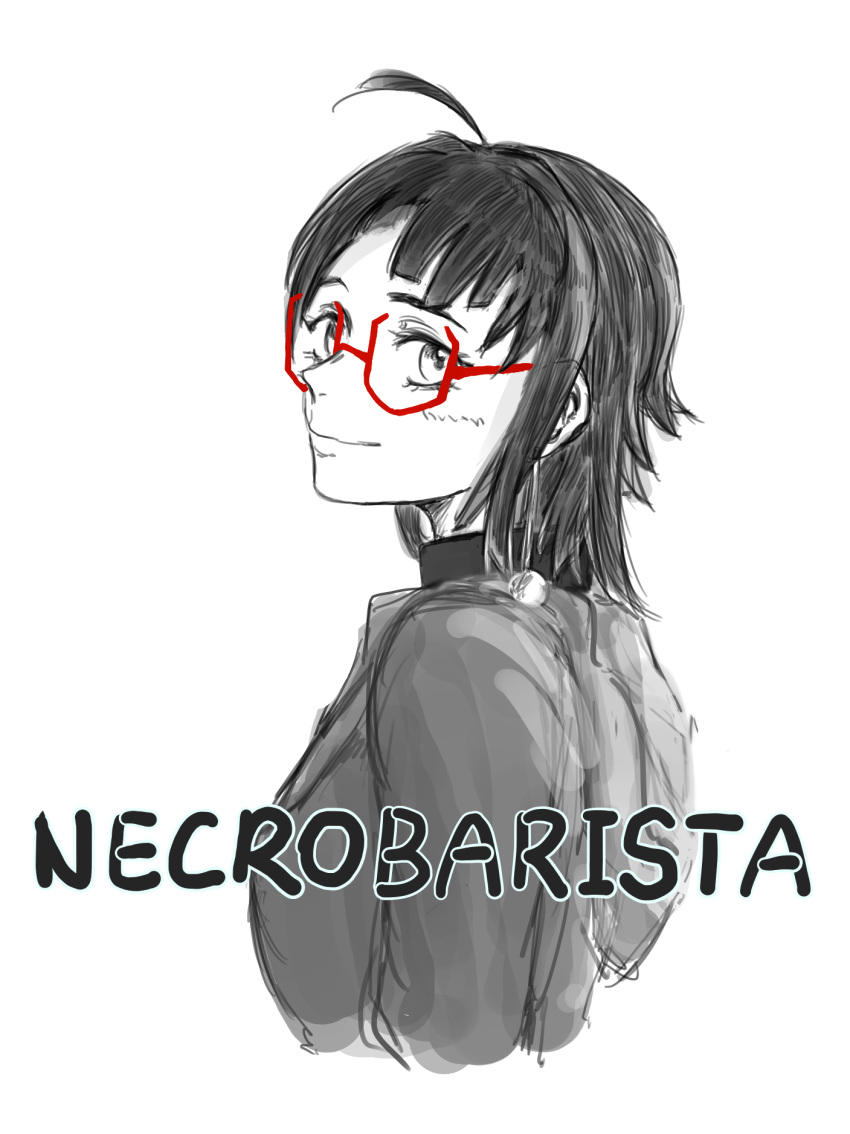 1girl, ahoge, choppy_bangs, copyright_name, fangz_onf, glasses, greyscale, highres, light_smile, looking_back, maddy_xiao, medium_hair, monochrome, necrobarista, red-framed_eyewear, semi-rimless_eyewear, sidelocks, sketch, smile, spot_color, under-rim_eyewear, white_background