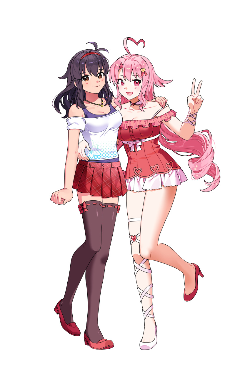 absurdres, ahoge, antenna_hair, black_hair, black_thighhighs, commission, commissioner_upload, curtained_hair, detached_sleeves, dotoram, dress, full_body, hand_on_another's_shoulder, hand_on_another's_waist, highres, lilim_(sakura_cupid), looking_at_viewer, mitsuki_(sakura_cupid), non-web_source, pink_eyes, pink_hair, plaid_clothes, plaid_skirt, sakura_cupid, skirt, sleeveless, sleeveless_dress, thigh-highs, v, yuri