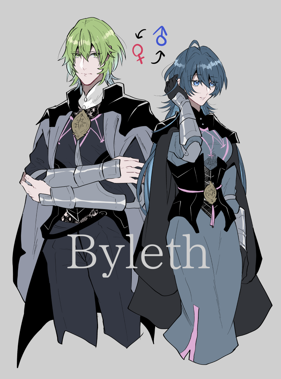 1boy, 1girl, ahoge, armor, arrow_(symbol), black_dress, blue_eyes, blue_hair, breasts, character_name, closed_mouth, crossed_arms, dress, dual_persona, female_byleth_(enlightened)_(fire_emblem), female_byleth_(fire_emblem), fire_emblem, fire_emblem:_three_houses, genderswap, genderswap_(ftm), genderswap_(mtf), green_eyes, green_hair, grey_background, hand_up, highres, long_hair, looking_at_viewer, male-female_symbol, male_byleth_(fire_emblem), medium_breasts, ojnta0505, short_hair, simple_background