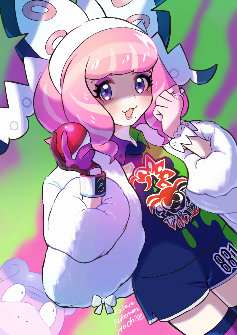 1girl, bow, breasts, colored_skin, drill_hair, eyeshadow, flipped_hair, fur_jacket