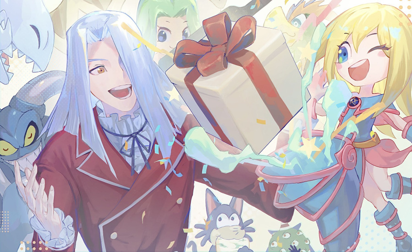 1boy, 2girls, ;d, blonde_hair, blue-eyes_toon_dragon, blue-eyes_white_dragon, blue_eyes, brown_eyes, colored_sclera, dark_magician_girl, demon, dragon, gift, green_hair, hat, highres, long_hair, mimicat, multiple_girls, one_eye_closed, open_mouth, outstretched_arms, parrot_dragon, pegasus_j_crawford, re_(pixiv_89203939), smile, spread_arms, thousand-eyes_idol, toon_dark_magician_girl, toon_mermaid, toon_summoned_skull, white_hair, yellow_sclera, yu-gi-oh!, yu-gi-oh!_duel_monsters