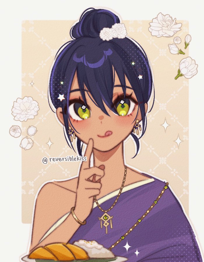 :q, border, bracelet, chicken_(food), earrings, flower, food, gundam, gundam_gquuuuuux, hair_bun, jewelry, khao_man_gai, licking_lips, long_hair, looking_at_viewer, necklace, nyaan_(gundam_gquuuuuux), plate, purple_hair, reversiblekiss, rice, single_hair_bun, smile, sparkle, thai_clothes, tongue, tongue_out, updo, upper_body, white_border, yellow_background, yellow_eyes