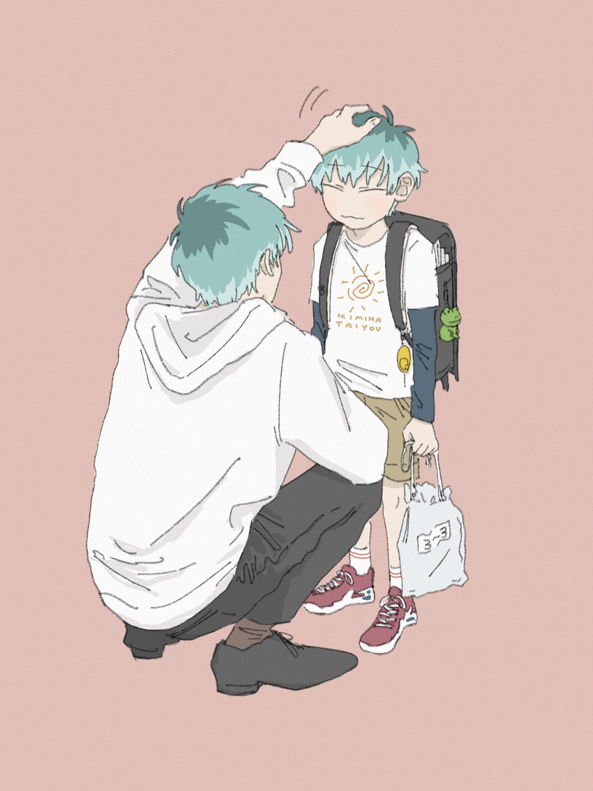 2boys, ^3^, absurdres, aqua_hair, backpack, bag, black_bag, black_pants