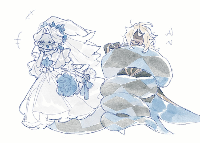 1boy, 1girl, blonde_hair, blue_skin, blush, colored_skin, cookie_run, dress
