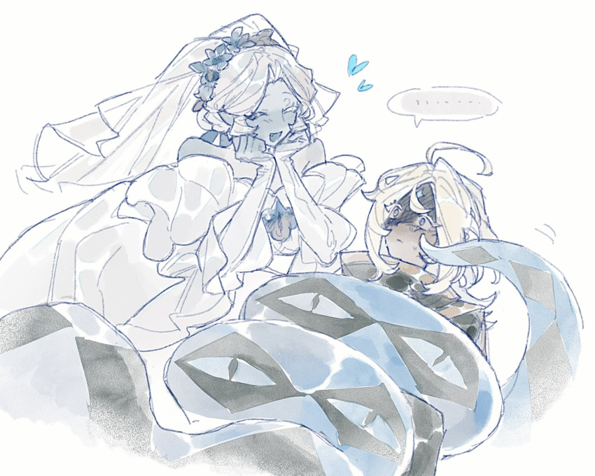 1boy, 1girl, blonde_hair, blue_skin, blush, colored_skin, cookie_run, dress, highres, lamia, monster_girl, moomsaw, pointy_ears, prehensile_tail, pure_vanilla_cookie, pure_vanilla_cookie_(truthless_recluse), shadow_milk_cookie, shadow_milk_cookie_(female), snake_girl, tail, wedding_dress, white_hair