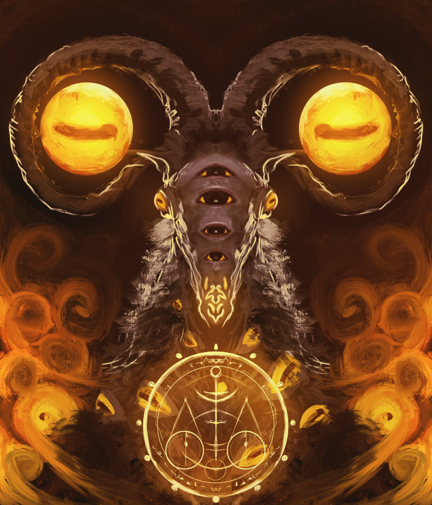 balance_scale, colored_sclera, cropped_shoulders, disembodied_eye, elden_ring, elden_ring_nightreign, extra_eyes, facing_viewer, glowing, goat_horns, highres, horizontal_pupils, horns, libra_(elden_ring), looking_at_viewer, monster, monster_focus, sigil, solo, thefearmaster, very_big_eyes, weighing_scale, yellow_sclera