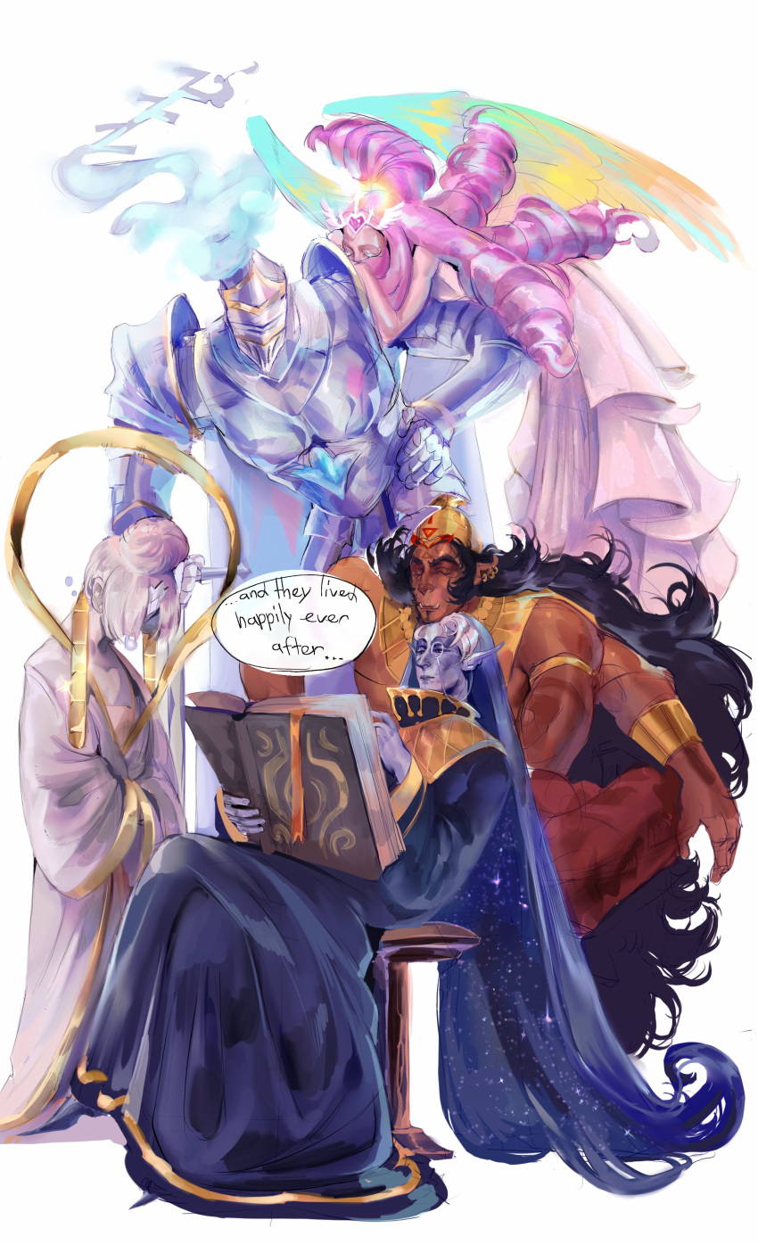 2girls, 3boys, absurdres, armor, black_hair, blue_robe, blue_skin, burning_spice_cookie