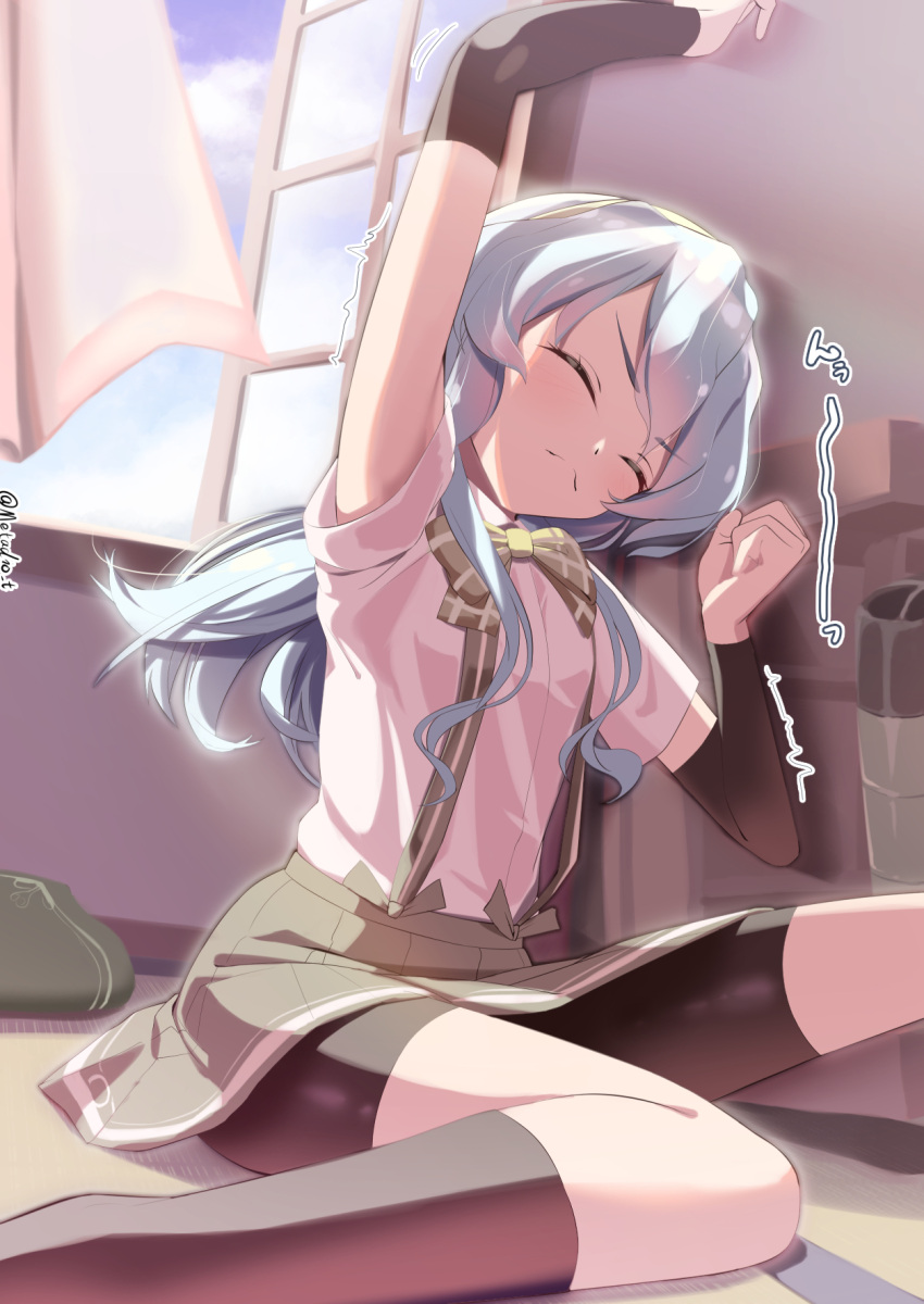 1girl, arm_warmers, bike_shorts, bow, bowtie, closed_eyes, collared_shirt, dress_shirt