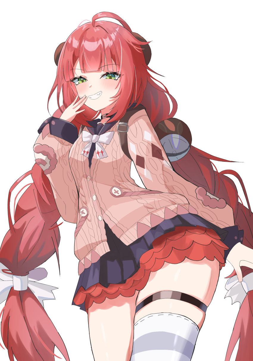 1girl, absurdres, ahoge, black_dress, blush, bow, dress, fang, frilled_skirt, frills, green_eyes, hair_bow, highres, long_hair, low_twintails, pink_hair, pink_sweater, red_skirt, single_thighhigh, skirt, smug, solo, sweater, thigh-highs, thigh_strap, twintails, u_kome, ukinami_yuzuha, very_long_hair, white_background, white_bow, zenless_zone_zero, zettai_ryouiki