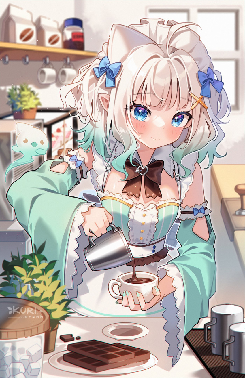 1girl, animal_ears, apron, blue_eyes, blurry, blurry_background, blush, bow, bowtie, brown_bow, brown_bowtie, candy, cat_ears, chocolate, chocolate_bar, coffee_bag, commentary, cup, detached_sleeves, dress, english_commentary, food, gradient_hair, green_dress, green_eyes, green_hair, green_sleeves, highres, holding, holding_cup, indie_virtual_youtuber, indoors, kuri_(animejpholic), long_sleeves, looking_at_viewer, maid_headdress, mint_fantome, mint_fantome_(minto_2.0), multicolored_hair, plant, potted_plant, pouring, solo, striped_clothes, striped_dress, sugar_cube, teacup, two_side_up, upper_body, vertical-striped_clothes, vertical-striped_dress, waist_apron, watermark, white_apron, white_hair, window, wisps_(mint_fantome)