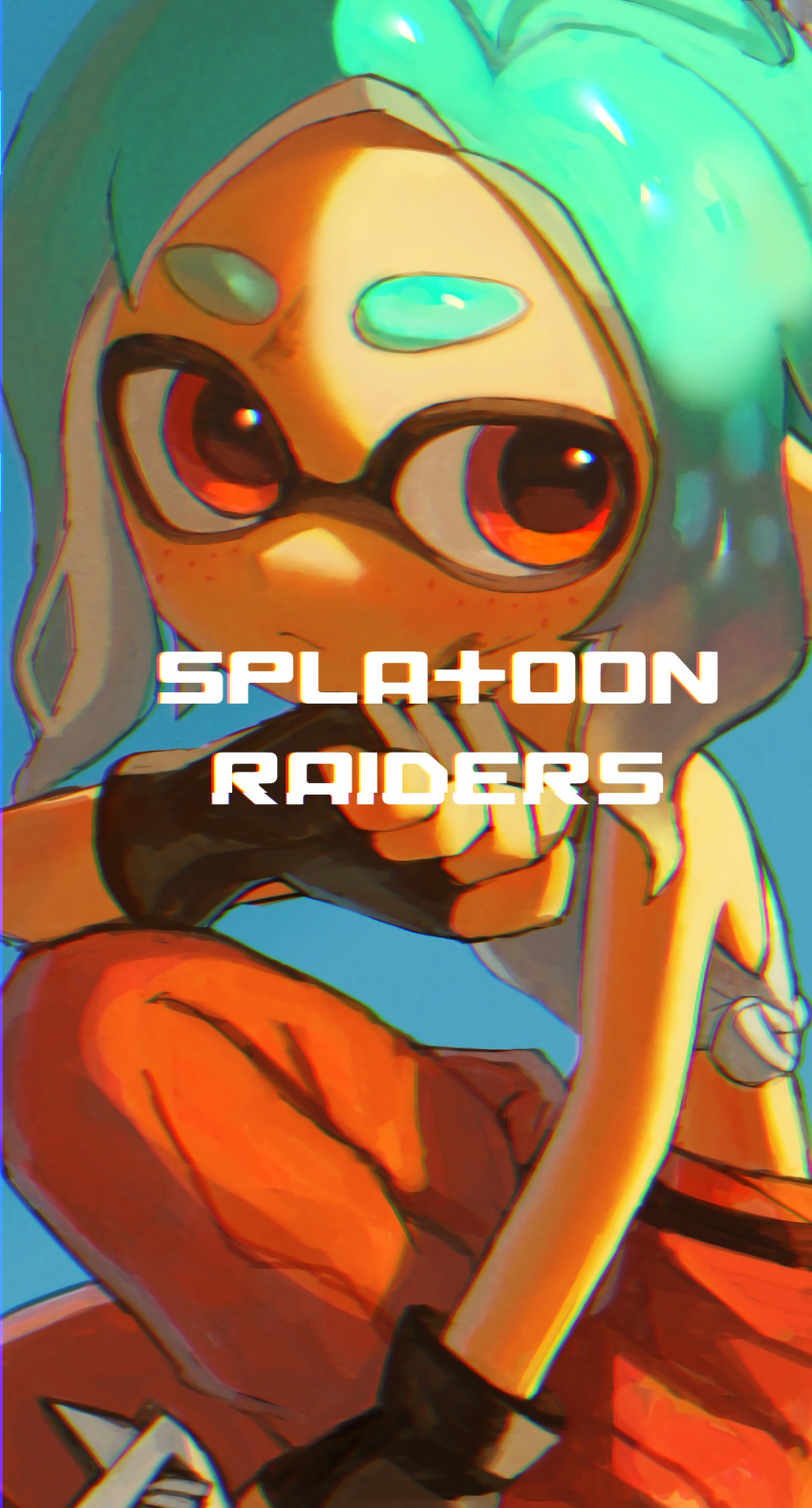 absurdres, bare_shoulders, dark, english_text, fingerless_gloves, freckles, gloves, green_hair, highres, inkling_girl, inkling_player_character, mechanic_(splatoon_raiders), orange_eyes, orange_pants, pants, rupe_oo, shirt, splatoon_(series), splatoon_raiders, white_shirt