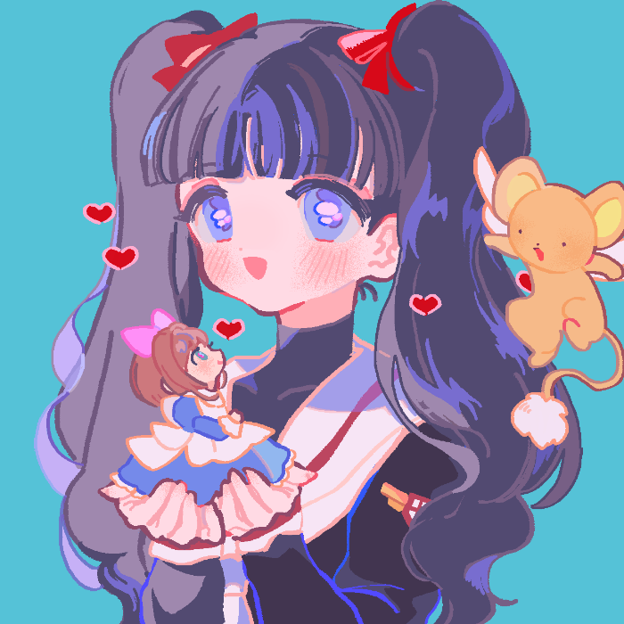 2girls, alternate_hairstyle, apron, aqua_background, black_hair, black_shirt, blue_dress, bow, brown_hair, cardcaptor_sakura, commentary, daidouji_tomoyo, dress, hair_bow, heart, holding, holding_mini_person, kero_(cardcaptor_sakura), kinomoto_sakura, kinomoto_sakura_(princess_dreams), long_hair, mini_person, multiple_girls, pink_bow, reed, sailor_collar, school_uniform, shirt, short_hair, simple_background, symbol-only_commentary, tomoeda_elementary_school_uniform, twintails, white_apron, white_sailor_collar