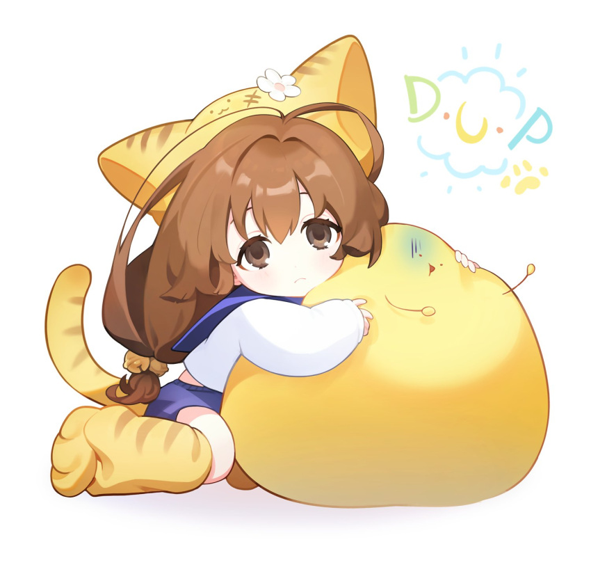 1girl, ahoge, animal_hat, bell, blue_sailor_collar, blue_shorts, brown_eyes, brown_hair